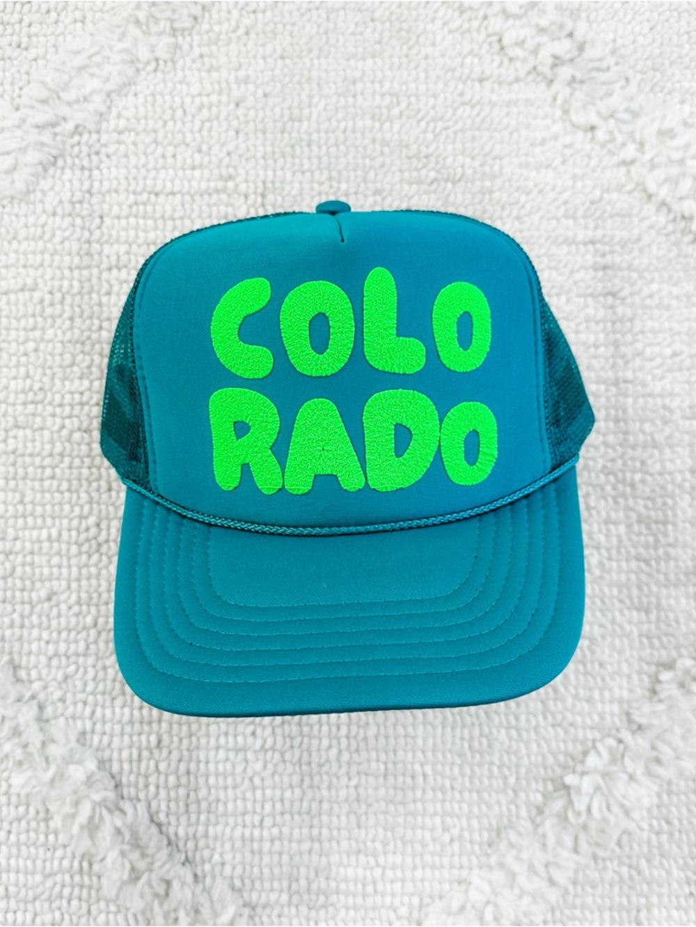 OTTO Teal Trucker Hat with Lime Green "COLORADO" Puff Vinyl